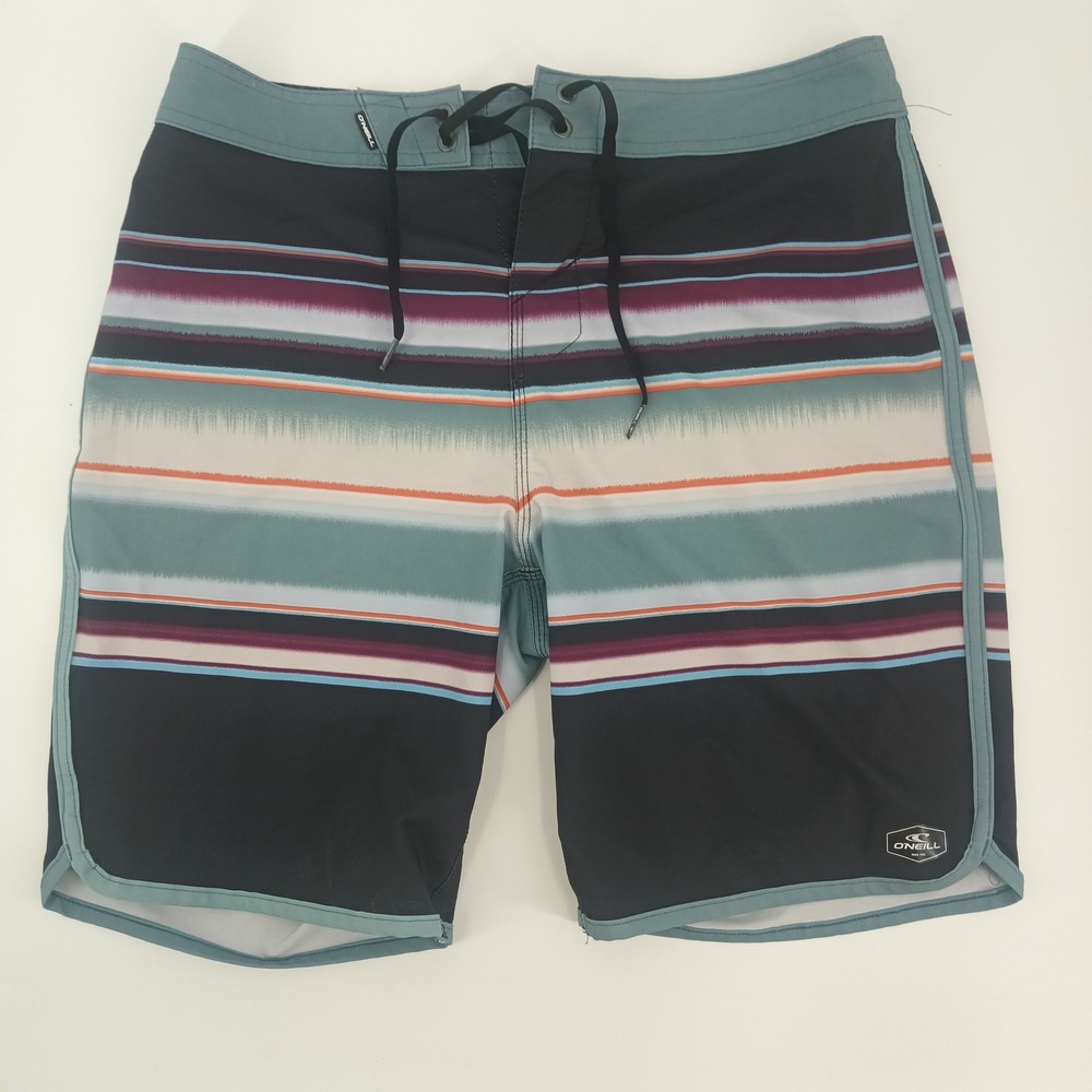 ONeill Hyperfreak Mens Board Shorts Size 29 Striped Black Teal Swim Trunks Surf